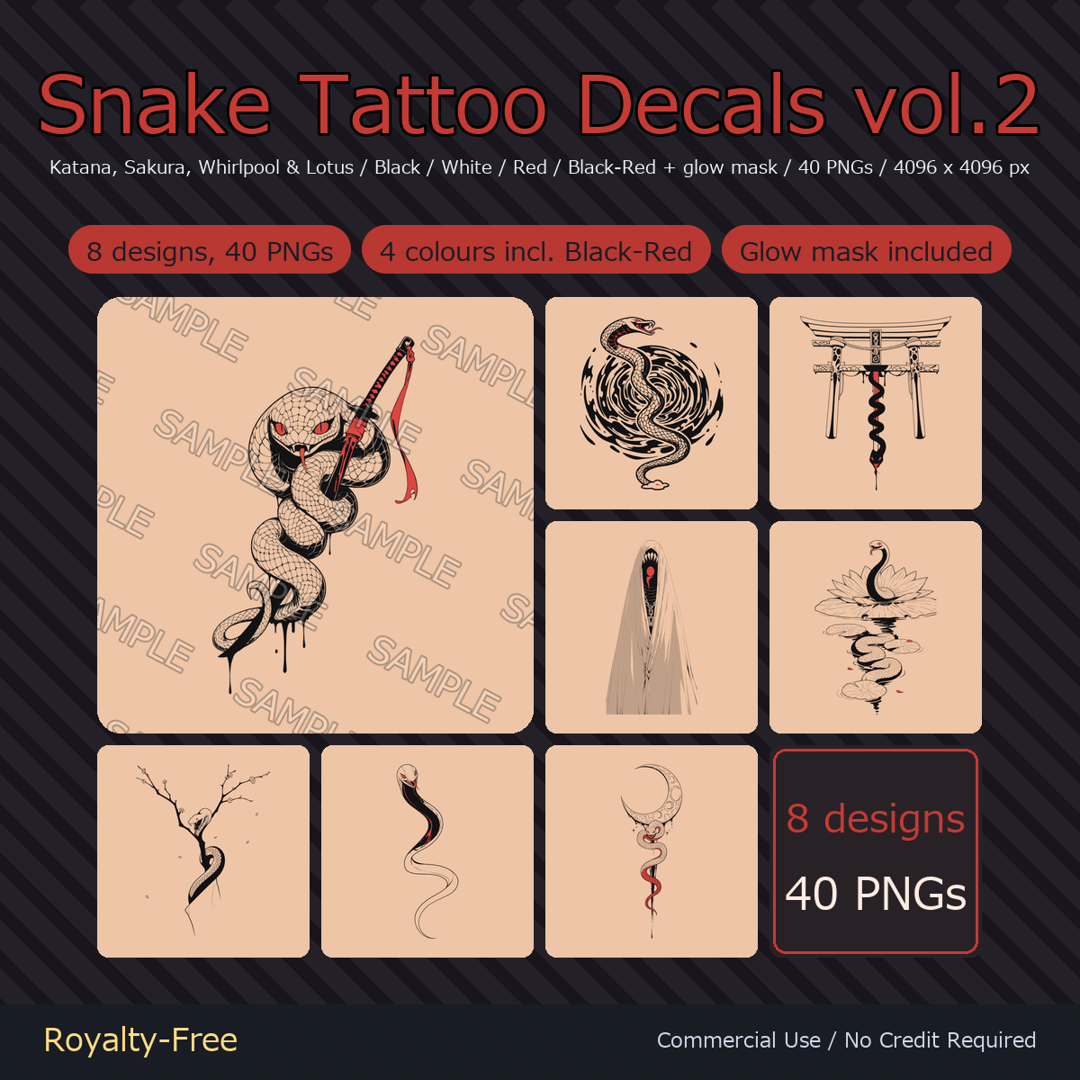 8 Snake Tattoo Decals vol.2 - Katana, Sakura, Whirlpool & Lotus | Glow Mask & 4 Colours incl. Black-Red, Any Avatar