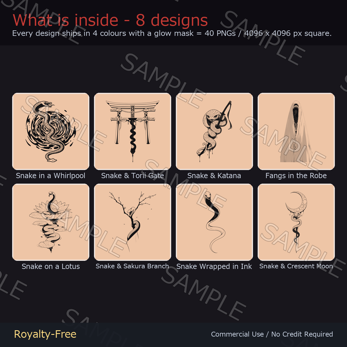 8 Snake Tattoo Decals vol.2 - Katana, Sakura, Whirlpool & Lotus | Glow Mask & 4 Colours incl. Black-Red, Any Avatar
