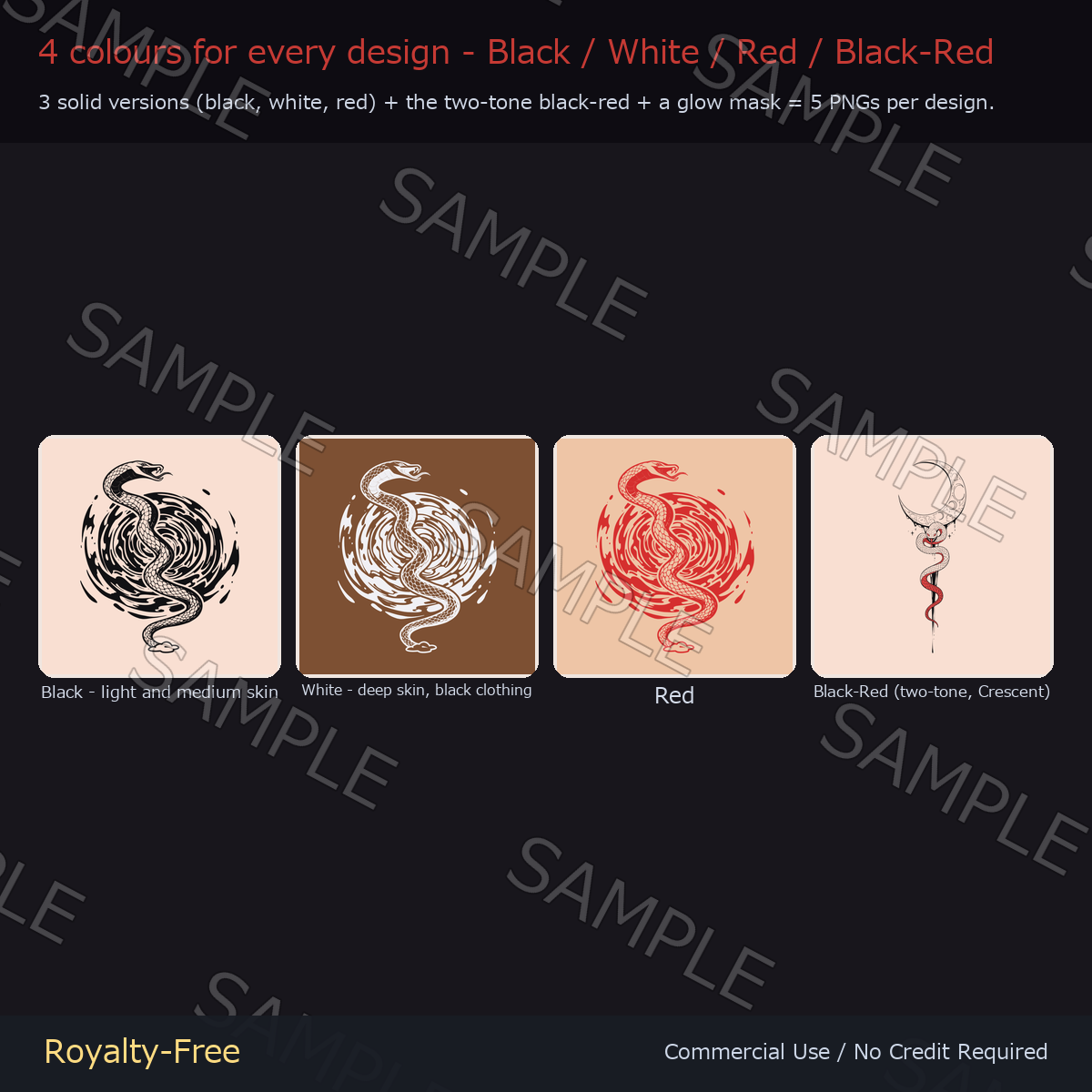 8 Snake Tattoo Decals vol.2 - Katana, Sakura, Whirlpool & Lotus | Glow Mask & 4 Colours incl. Black-Red, Any Avatar