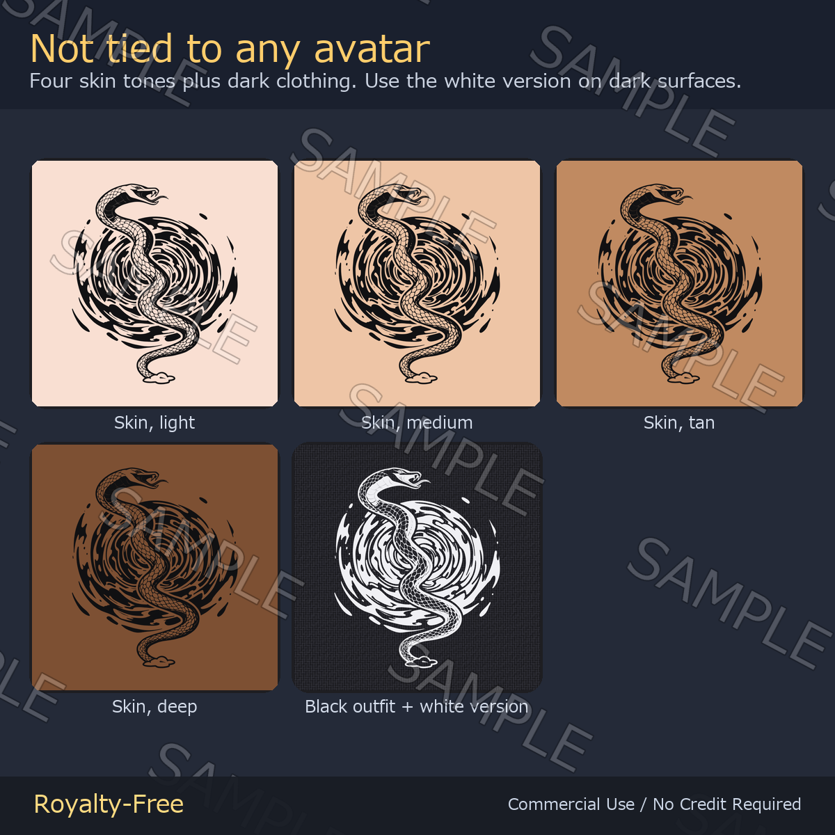 8 Snake Tattoo Decals vol.2 - Katana, Sakura, Whirlpool & Lotus | Glow Mask & 4 Colours incl. Black-Red, Any Avatar
