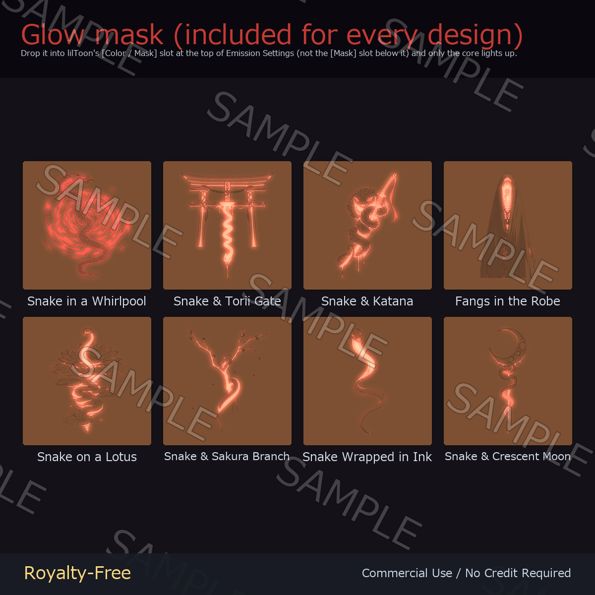 8 Snake Tattoo Decals vol.2 - Katana, Sakura, Whirlpool & Lotus | Glow Mask & 4 Colours incl. Black-Red, Any Avatar