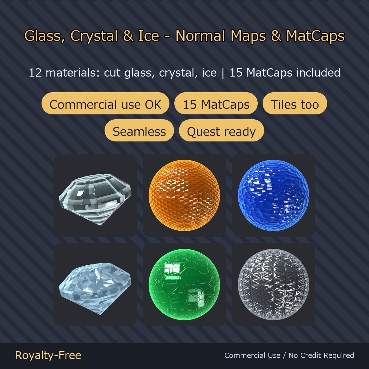 Glass, Crystal & Ice - 12 Normal Maps + 15 MatCaps | Cut Glass, Tiles, Seamless, PC + Quest