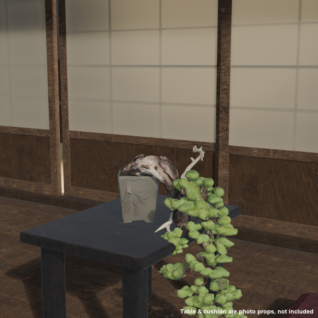 Japanese Bonsai - Black Pine in Full Cascade (Kengai) Style with Display Stand | VRChat World Prop