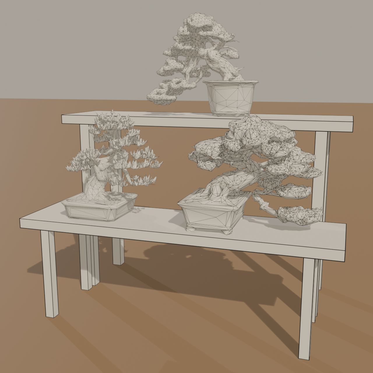 Bonsai Trio Set - Shimpaku, Black Pine, Red Pine + Display Shelf | VRChat World Prop
