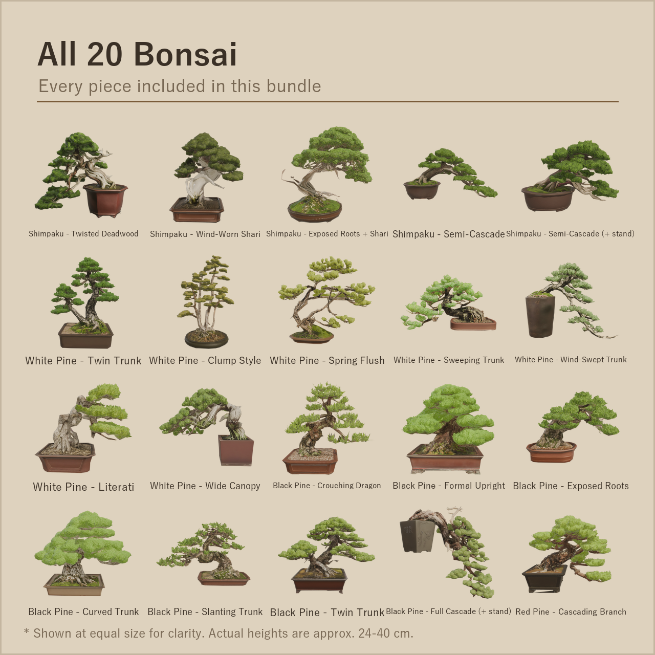 All 20 Bonsai + 4 Shelf Colors Bundle | VRChat World Prop Mega Pack