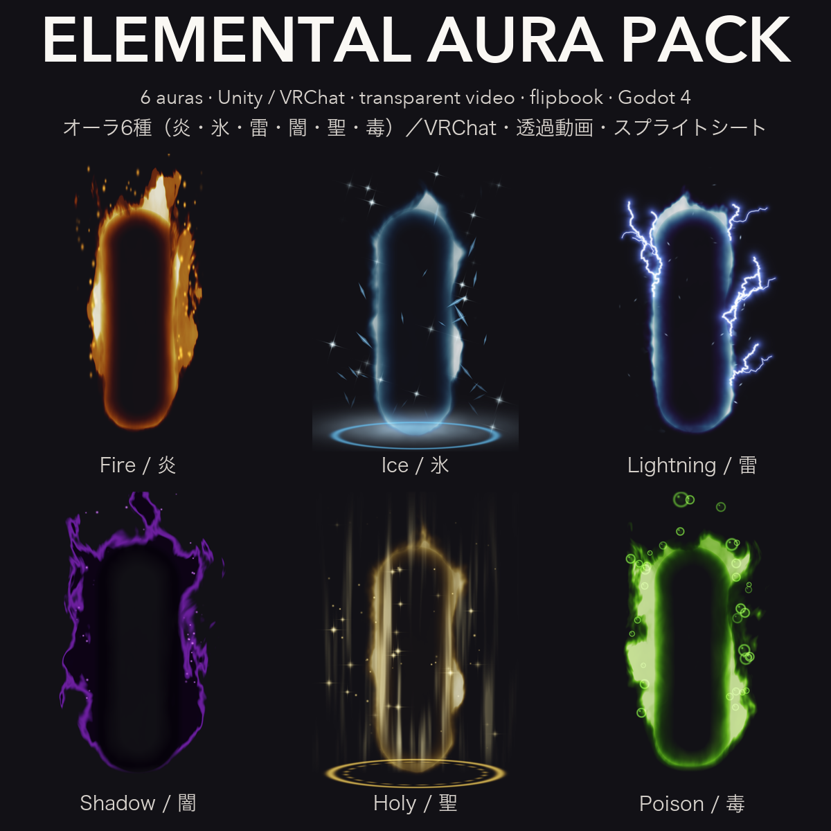 Elemental Aura Pack – 6 particle auras (Fire/Ice/Lightning/Shadow/Holy/Poison) + transparent video | Tidebone Studio