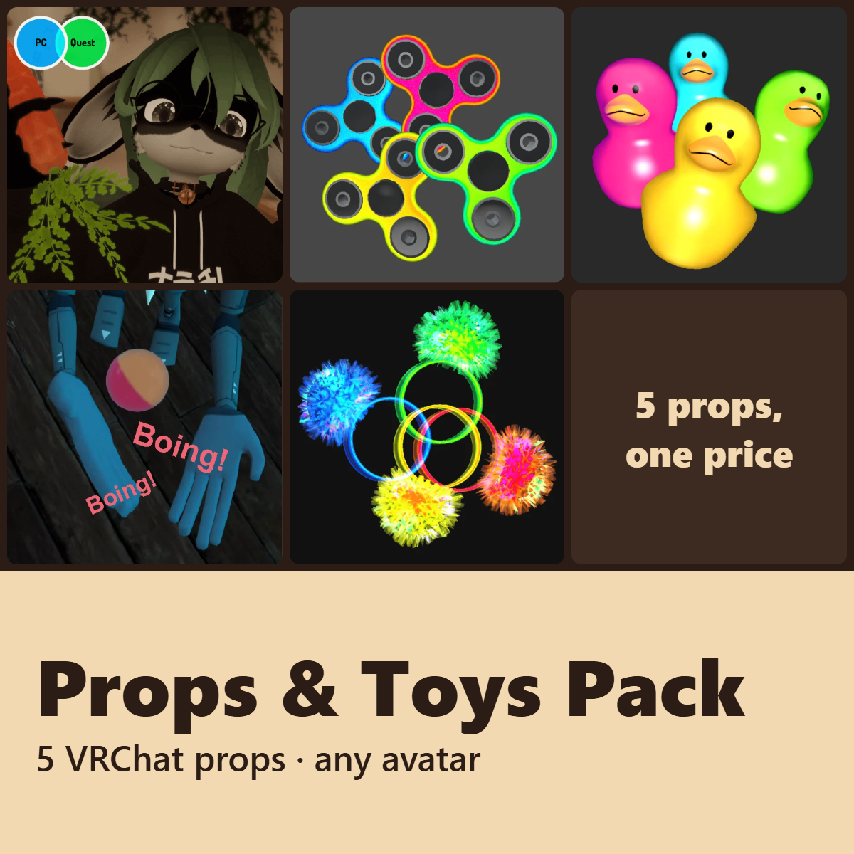 VRChat Props & Toys Pack: Carrot, Fidget Spinner, Ducky, Ball, Ring
