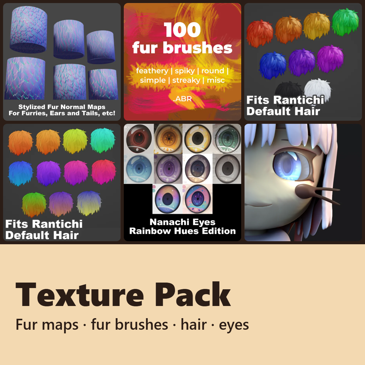 VRChat Texture Pack: Fur Normal Maps, Fur Brushes, Rantichi Hair, Nanachi Eyes