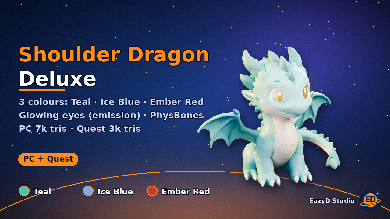 Shoulder Dragon Deluxe - VRChat PhysBone Shoulder Pet, 3 Colours, Glowing Eyes