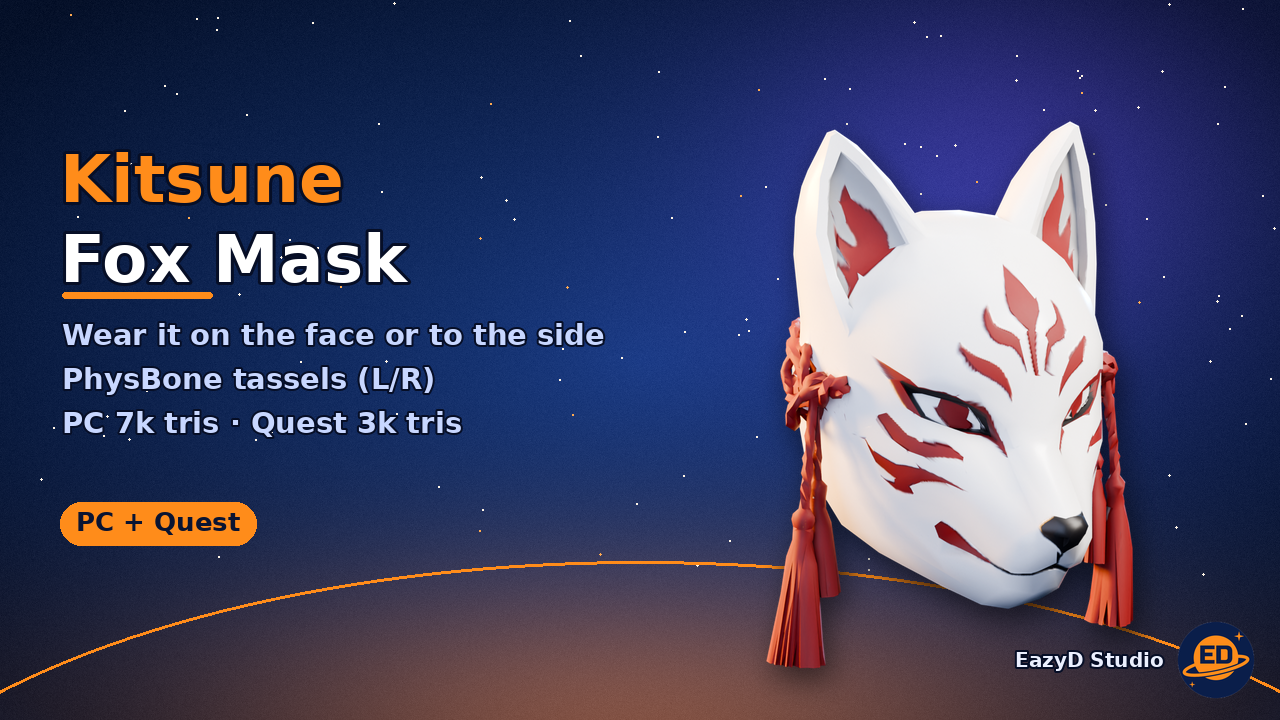 Kitsune Fox Mask - VRChat Mask with PhysBone Tassels (Face or Side)