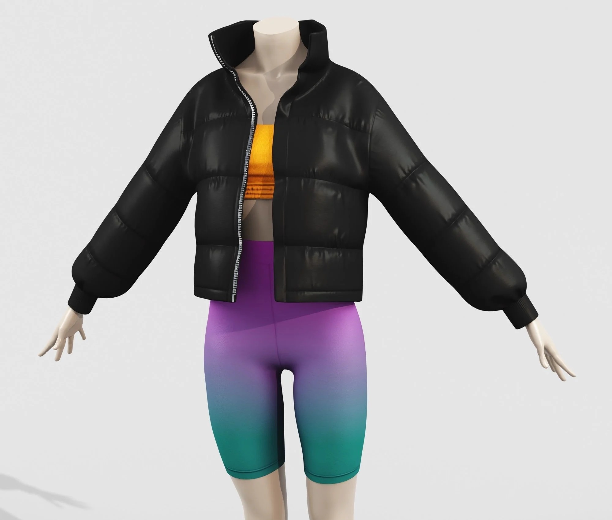 Outfit Puffer Jacket Black and Top with Bike Shorts | WOLVES STUDIO