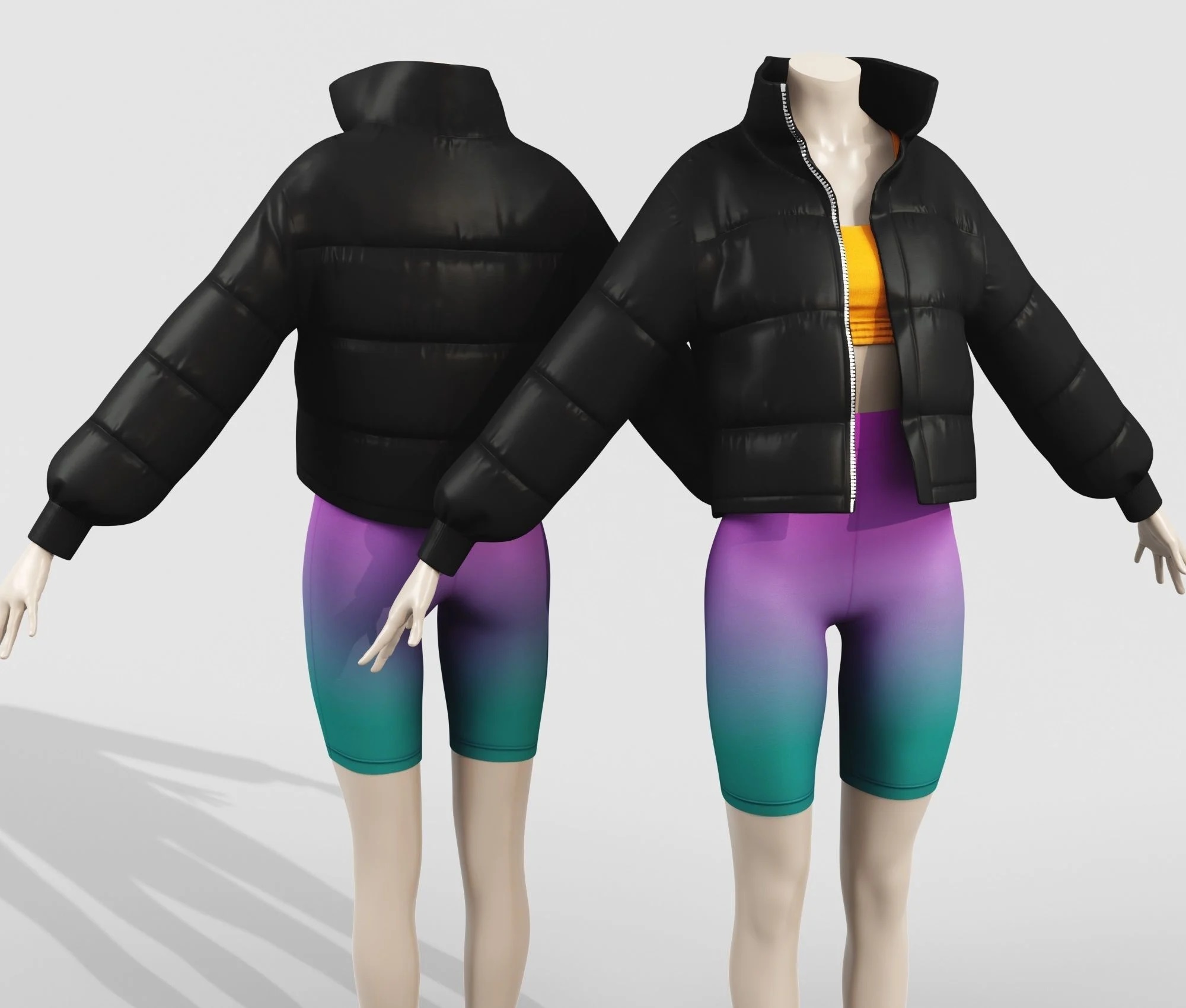 Outfit Puffer Jacket Black and Top with Bike Shorts | WOLVES STUDIO