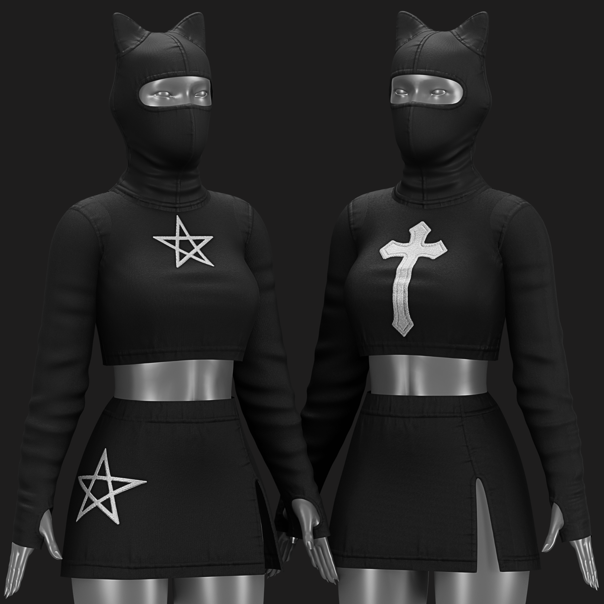 Black Cat Set VRChat - Pentagram-Cross | Beanie-Blouse-Skirt | WOLVES STUDIO