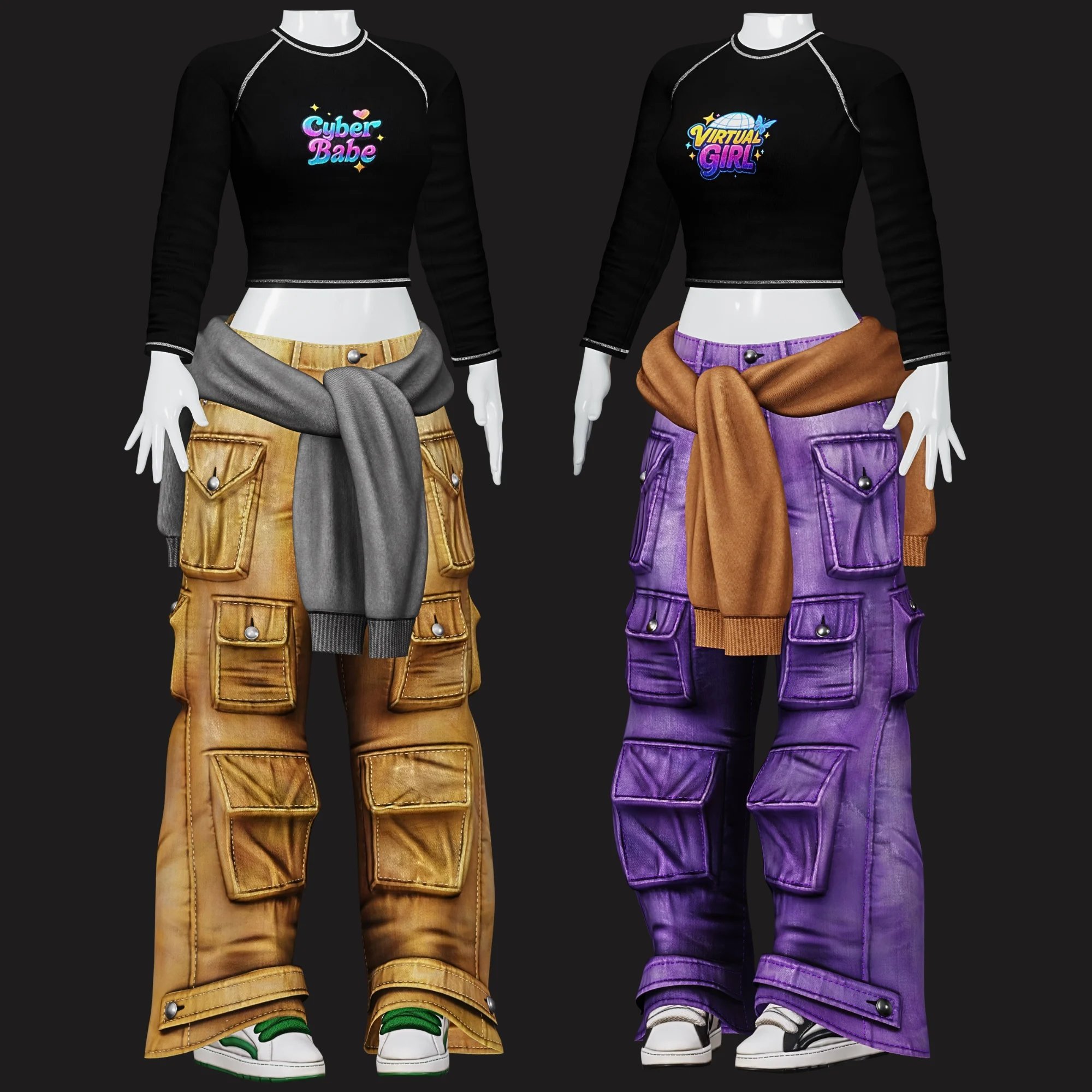 VRChat Skater Y2K Outfit: Cargo Pants, Shoes, T-Shirt, Tied Sweatshirt | WOLVES STUDIO