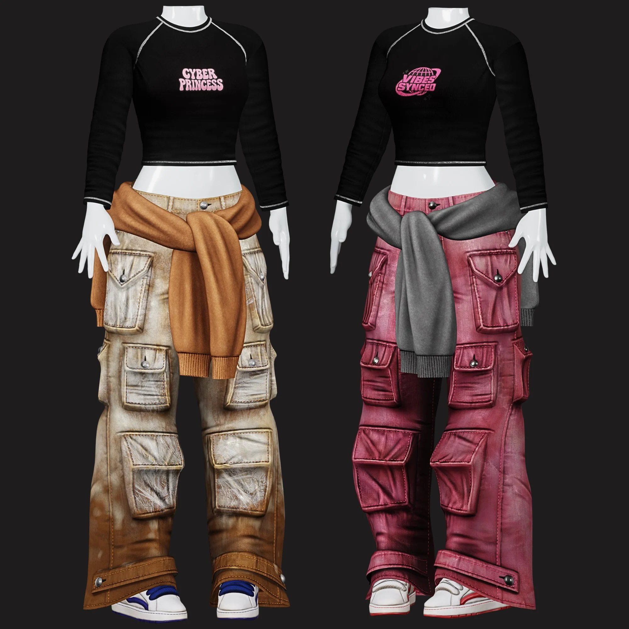 VRChat Skater Y2K Outfit: Cargo Pants, Shoes, T-Shirt, Tied Sweatshirt | WOLVES STUDIO