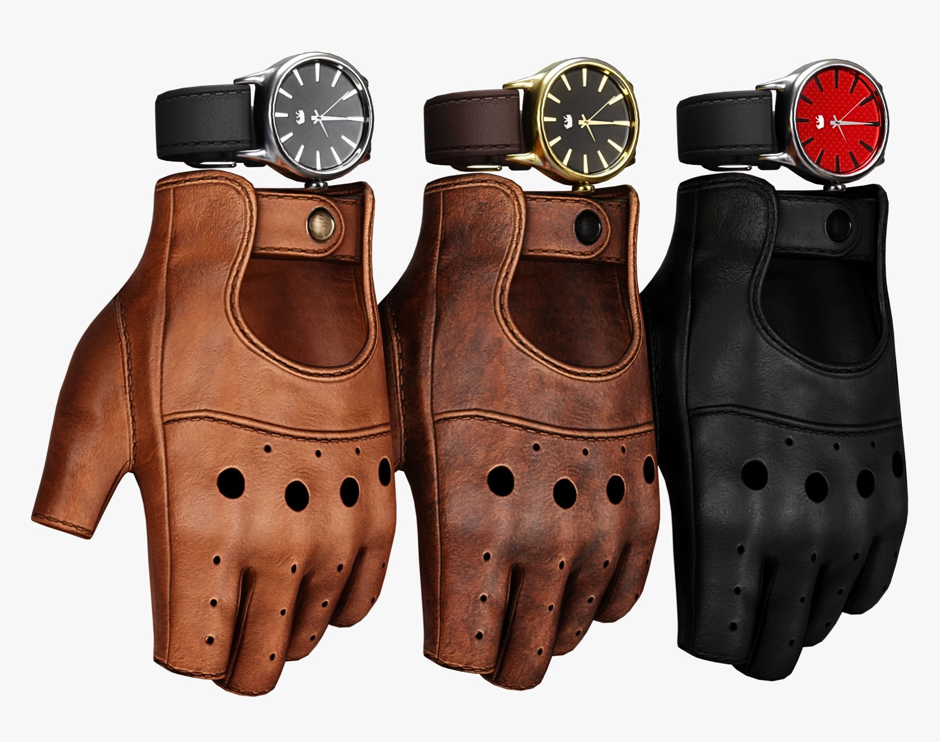Mafia Driver Set - Fingerless Leather Gloves + Classic Analog Watch