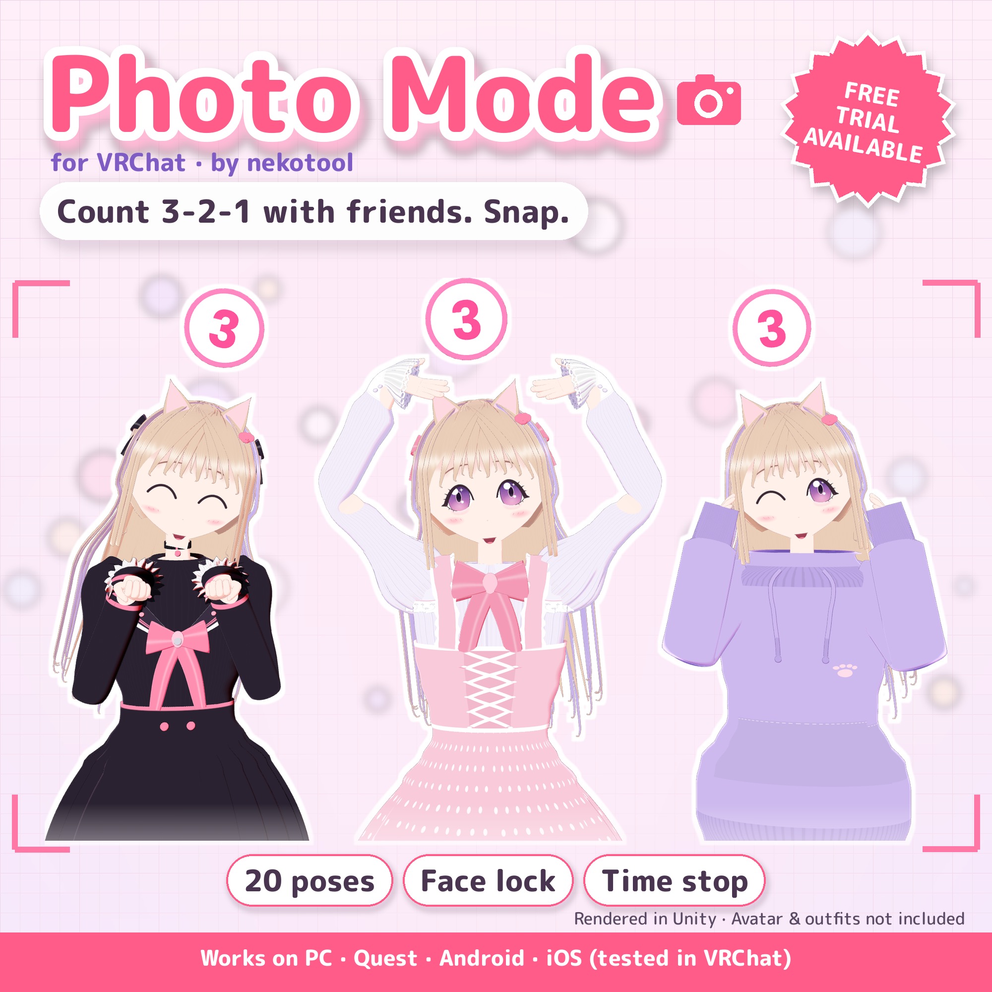 Photo Mode for VRChat — 20 Poses, Group 3-2-1 Countdown, Face Lock & Eye Contact (PC/Quest/Mobile)