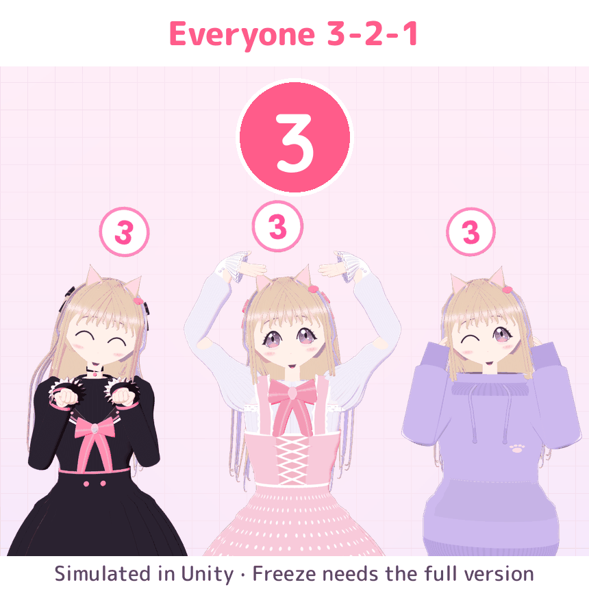 Photo Mode for VRChat — 20 Poses, Group 3-2-1 Countdown, Face Lock & Eye Contact (PC/Quest/Mobile)
