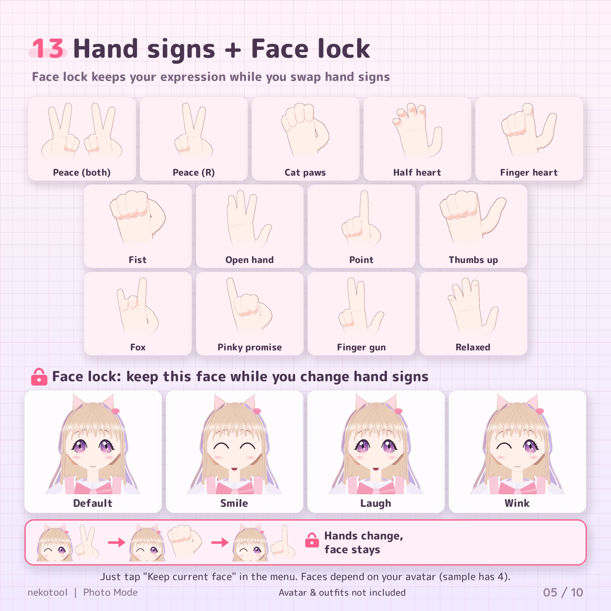Photo Mode for VRChat — 20 Poses, Group 3-2-1 Countdown, Face Lock & Eye Contact (PC/Quest/Mobile)