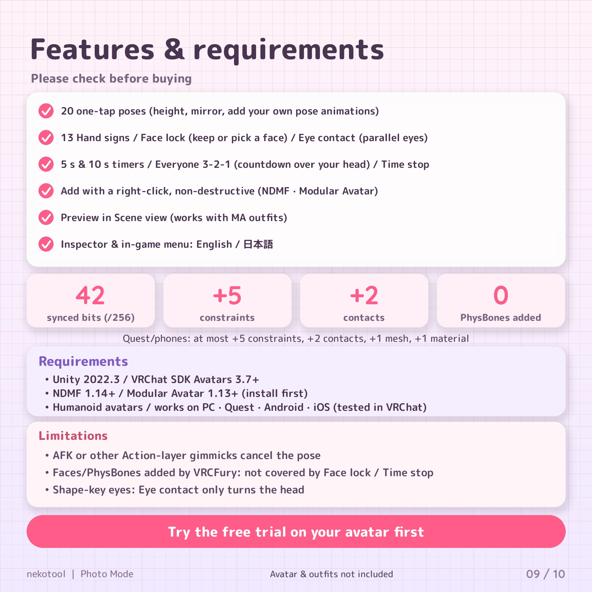 Photo Mode for VRChat — 20 Poses, Group 3-2-1 Countdown, Face Lock & Eye Contact (PC/Quest/Mobile)