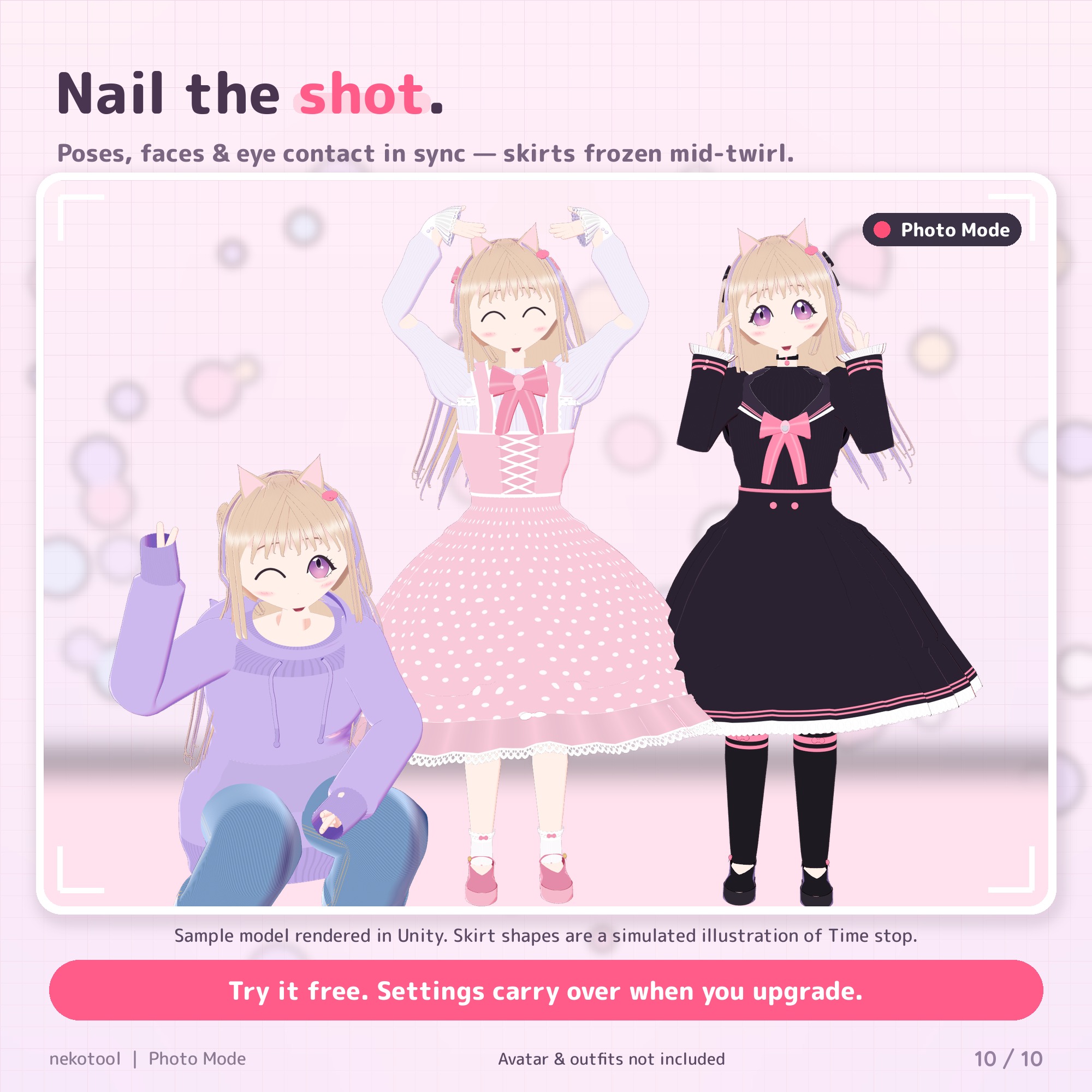 Photo Mode for VRChat — 20 Poses, Group 3-2-1 Countdown, Face Lock & Eye Contact (PC/Quest/Mobile)