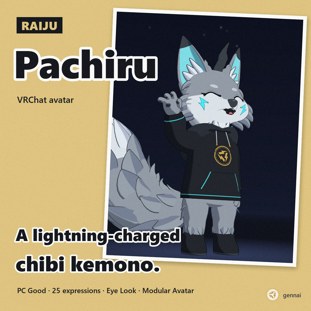 Raiju Pachiru – Lightning Chibi Kemono Wolf | VRChat Avatar [PC, Modular Avatar]