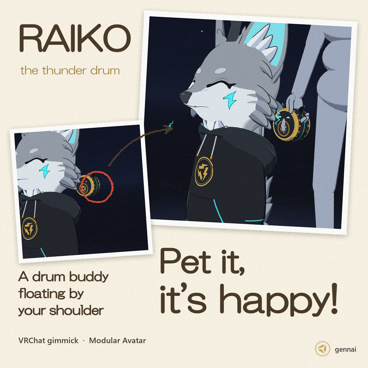 Raiko – Floating Drum Companion Pet | VRChat Gimmick [Modular Avatar, PC]