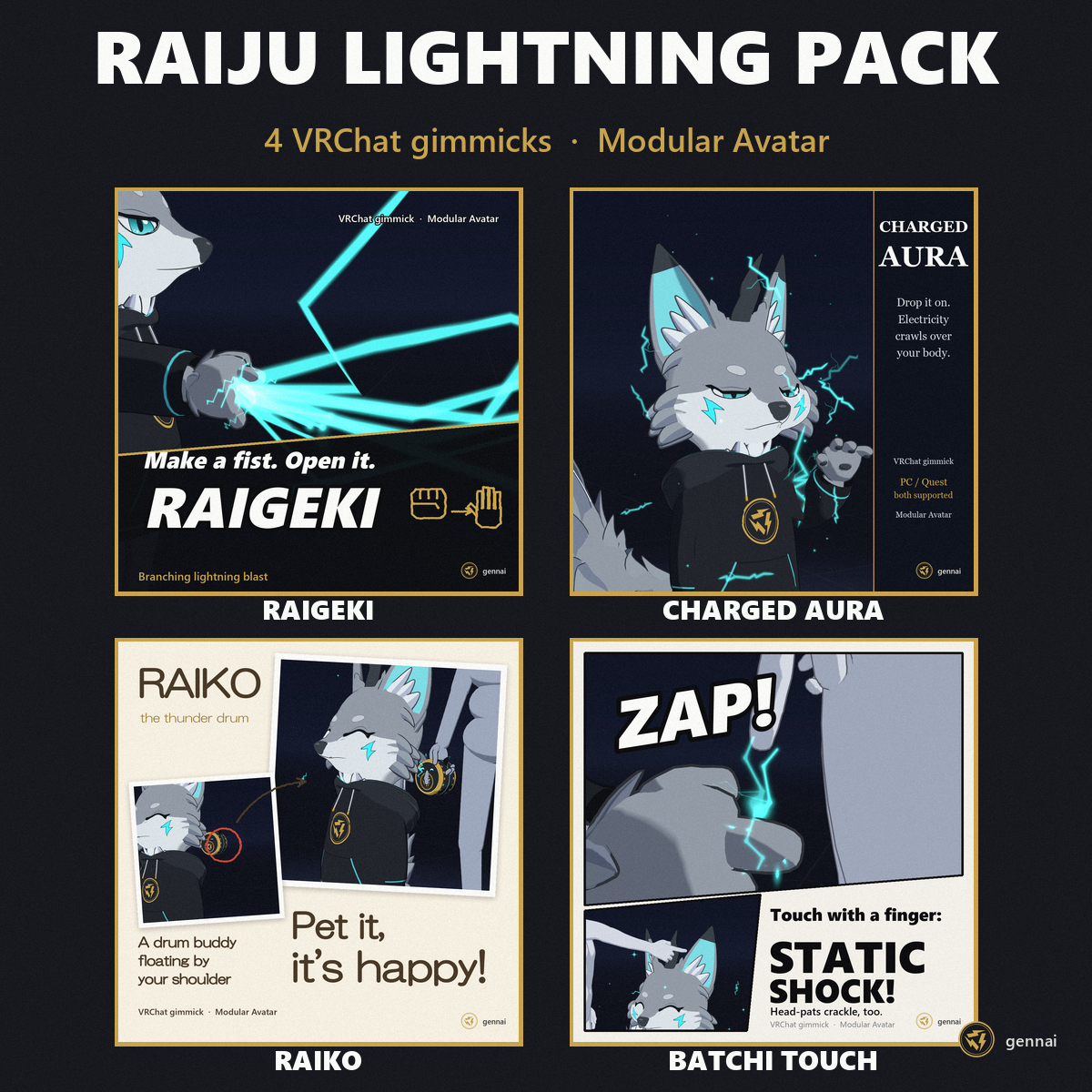 Raiju Lightning Pack – 4 VRChat Gimmicks: Raigeki, Charged Aura, Raiko, Batchi Touch [Modular Avatar]