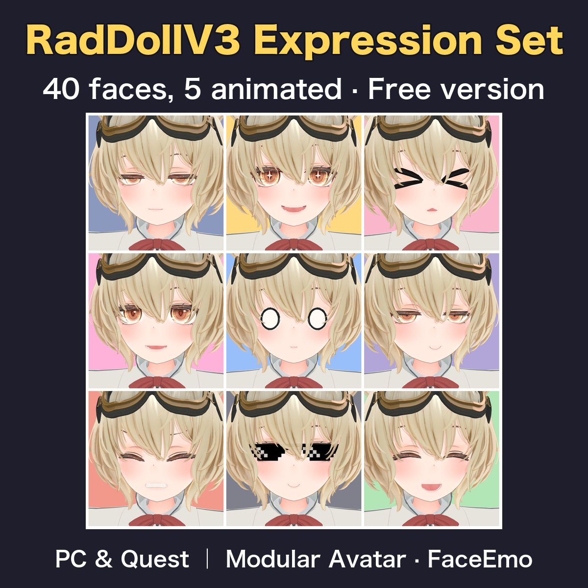 RadDollV3 Expression Set - 40 faces, 5 animated (PC & Quest / Modular Avatar / FaceEmo)