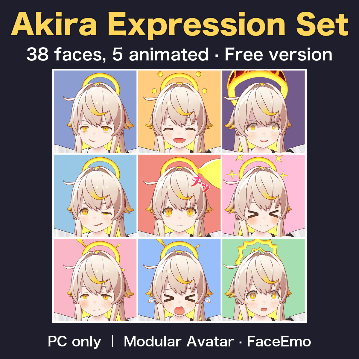 Akira Expression Set - 38 faces, 5 animated (PC / Modular Avatar / FaceEmo)
