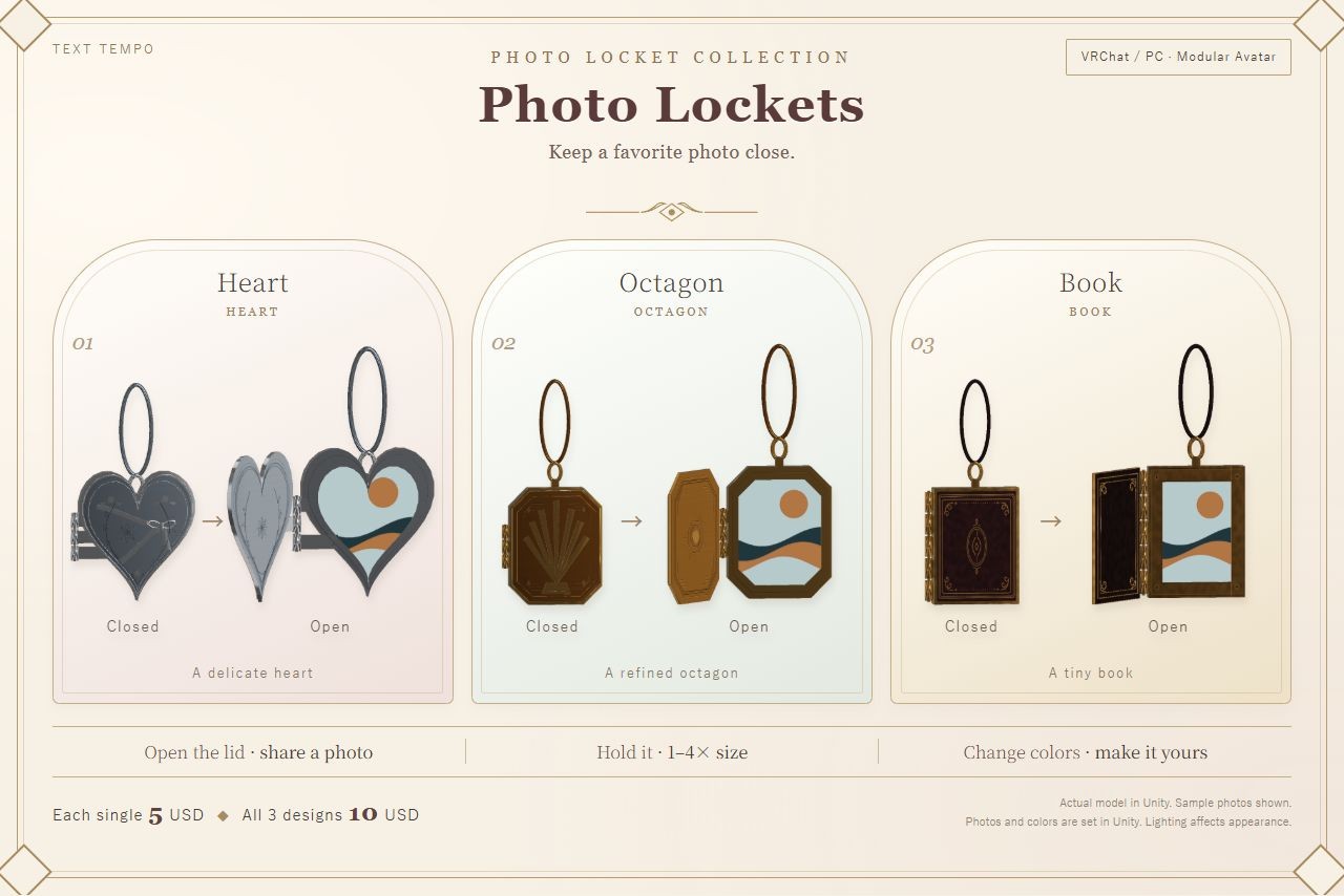 Photo Lockets — Heart, Octagon & Book | VRChat PC