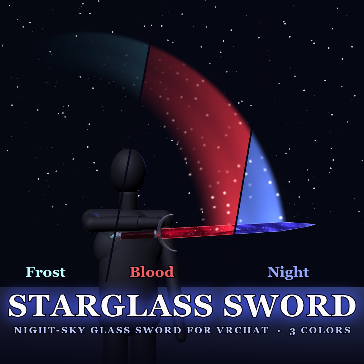Starglass Twin Swords — Merge into a Glaive or a Greatsword | VRChat | Western + Eastern Sword · Touch & Two-Hand Merge · Star-Dust Change · Swing Trail | 3 Colors