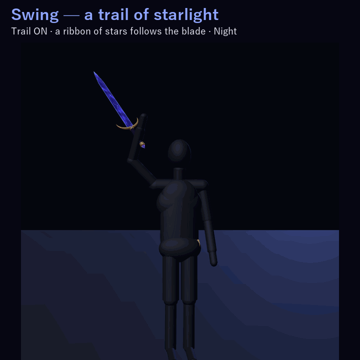 Starglass Twin Swords — Merge into a Glaive or a Greatsword | VRChat | Western + Eastern Sword · Touch & Two-Hand Merge · Star-Dust Change · Swing Trail | 3 Colors