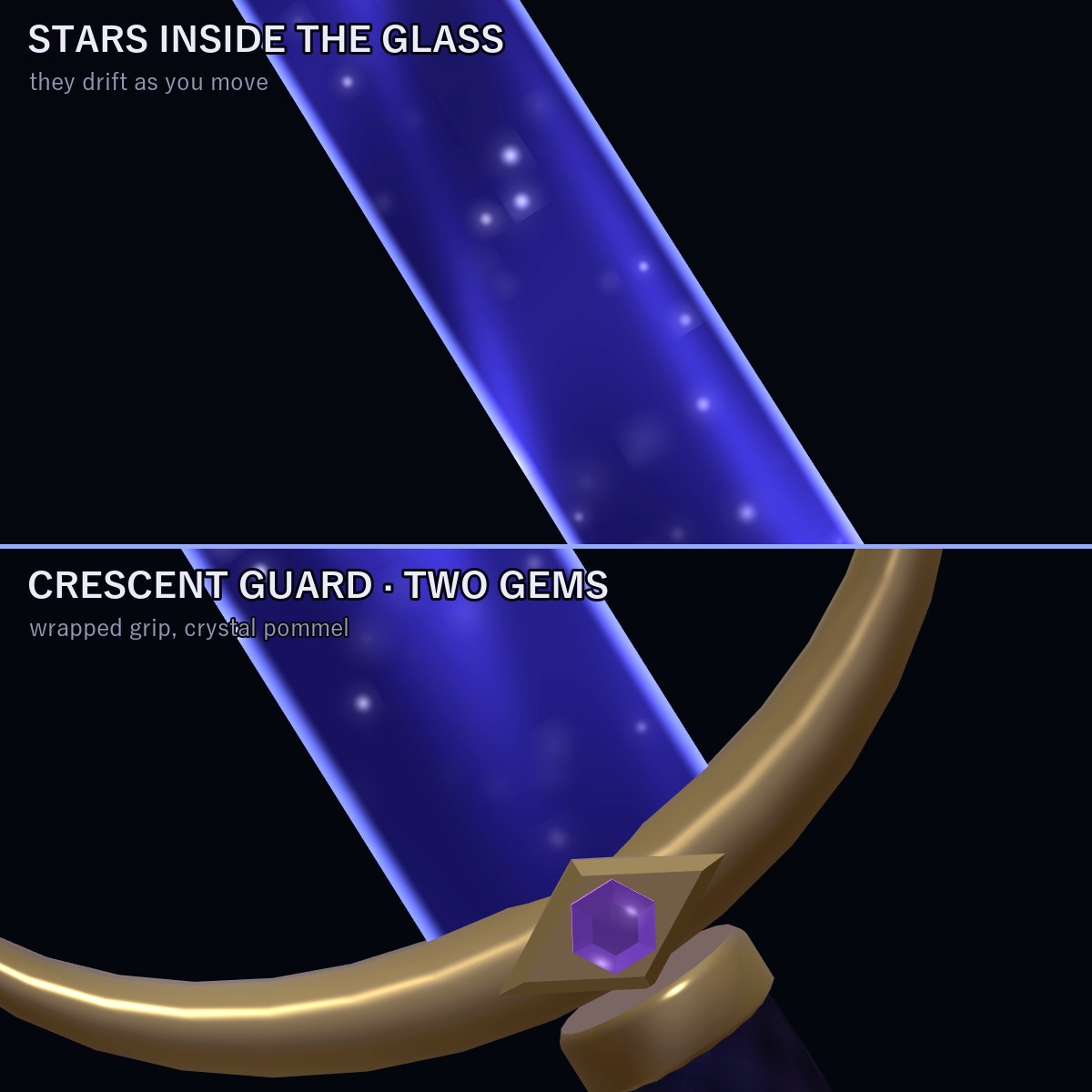 Starglass Twin Swords — Merge into a Glaive or a Greatsword | VRChat | Western + Eastern Sword · Touch & Two-Hand Merge · Star-Dust Change · Swing Trail | 3 Colors