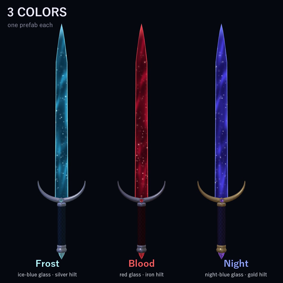 Starglass Twin Swords — Merge into a Glaive or a Greatsword | VRChat | Western + Eastern Sword · Touch & Two-Hand Merge · Star-Dust Change · Swing Trail | 3 Colors