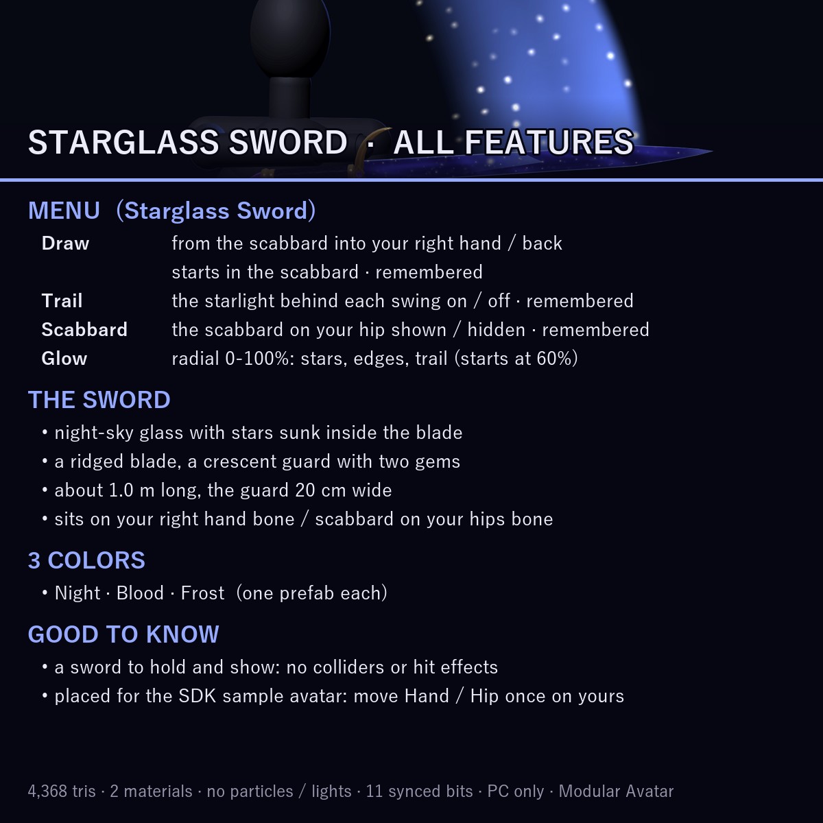 Starglass Twin Swords — Merge into a Glaive or a Greatsword | VRChat | Western + Eastern Sword · Touch & Two-Hand Merge · Star-Dust Change · Swing Trail | 3 Colors