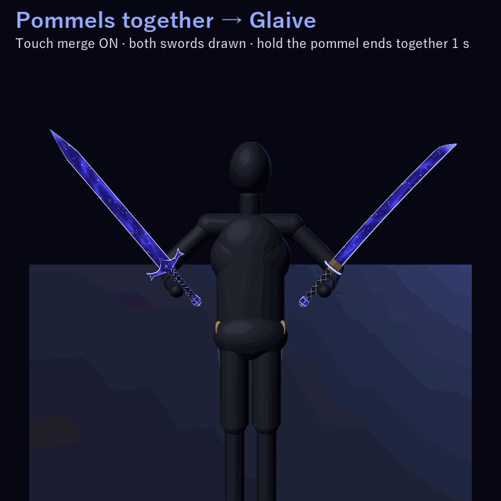 Starglass Twin Swords — Merge into a Glaive or a Greatsword | VRChat | Western + Eastern Sword · Touch & Two-Hand Merge · Star-Dust Change · Swing Trail | 3 Colors