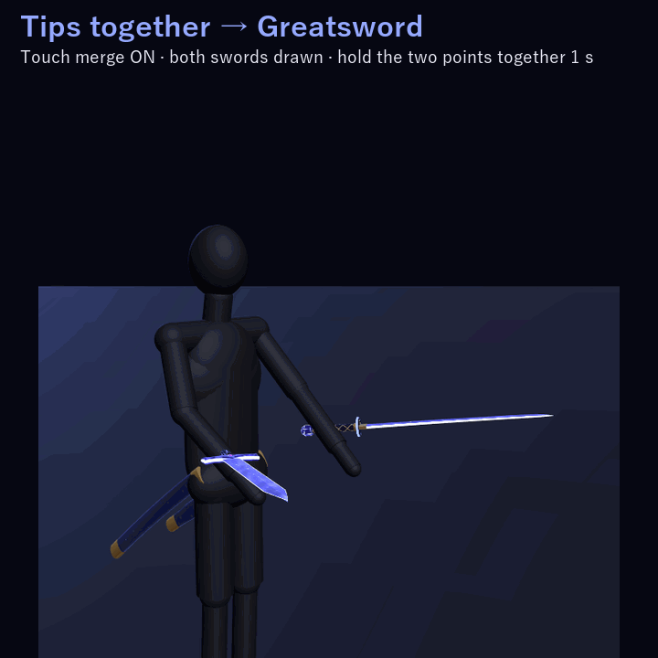 Starglass Twin Swords — Merge into a Glaive or a Greatsword | VRChat | Western + Eastern Sword · Touch & Two-Hand Merge · Star-Dust Change · Swing Trail | 3 Colors