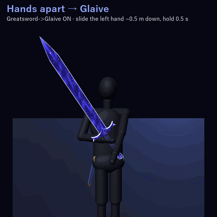 Starglass Twin Swords — Merge into a Glaive or a Greatsword | VRChat | Western + Eastern Sword · Touch & Two-Hand Merge · Star-Dust Change · Swing Trail | 3 Colors