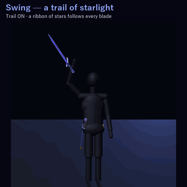 Starglass Twin Swords — Merge into a Glaive or a Greatsword | VRChat | Western + Eastern Sword · Touch & Two-Hand Merge · Star-Dust Change · Swing Trail | 3 Colors
