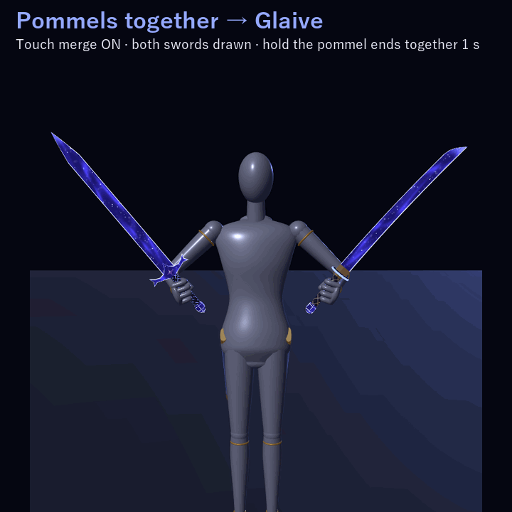 Starglass Twin Swords — Merge into a Glaive or a Greatsword | VRChat | Western + Eastern Sword · Touch & Two-Hand Merge · Star-Dust Change · Swing Trail | 3 Colors