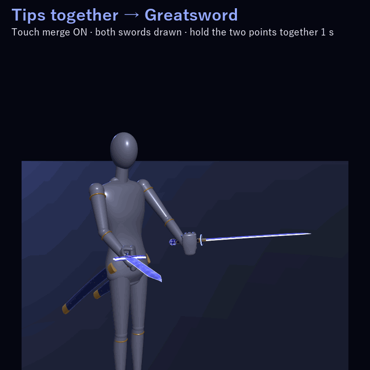 Starglass Twin Swords — Merge into a Glaive or a Greatsword | VRChat | Western + Eastern Sword · Touch & Two-Hand Merge · Star-Dust Change · Swing Trail | 3 Colors