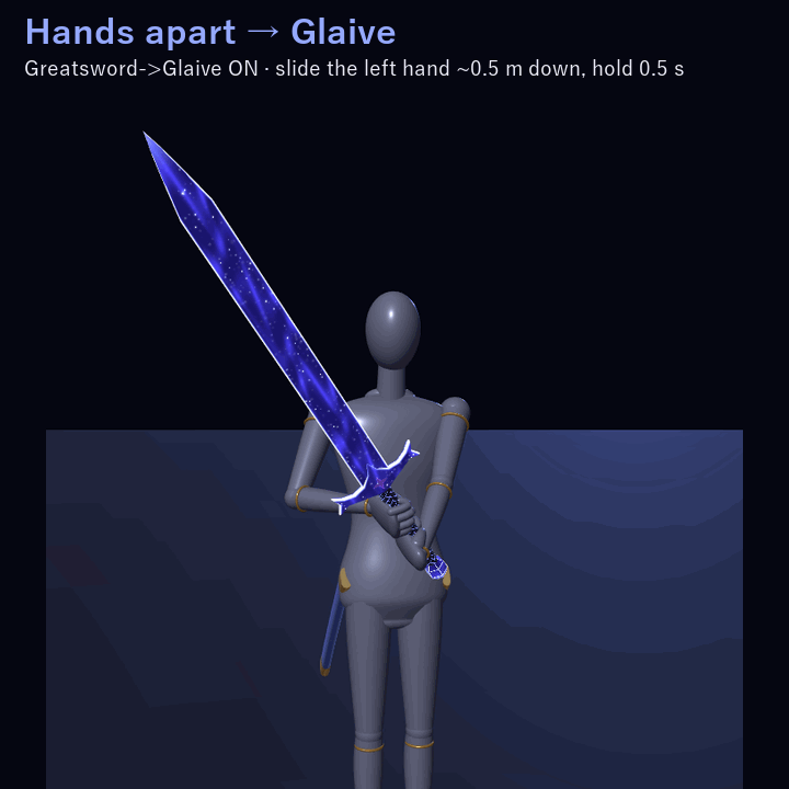 Starglass Twin Swords — Merge into a Glaive or a Greatsword | VRChat | Western + Eastern Sword · Touch & Two-Hand Merge · Star-Dust Change · Swing Trail | 3 Colors