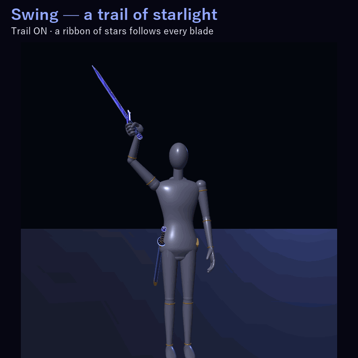 Starglass Twin Swords — Merge into a Glaive or a Greatsword | VRChat | Western + Eastern Sword · Touch & Two-Hand Merge · Star-Dust Change · Swing Trail | 3 Colors
