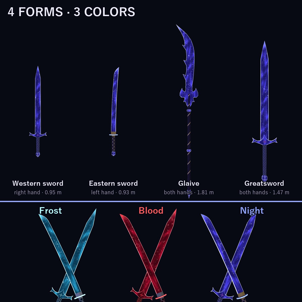 Starglass Twin Swords — Merge into a Glaive or a Greatsword | VRChat | Western + Eastern Sword · Touch & Two-Hand Merge · Star-Dust Change · Swing Trail | 3 Colors