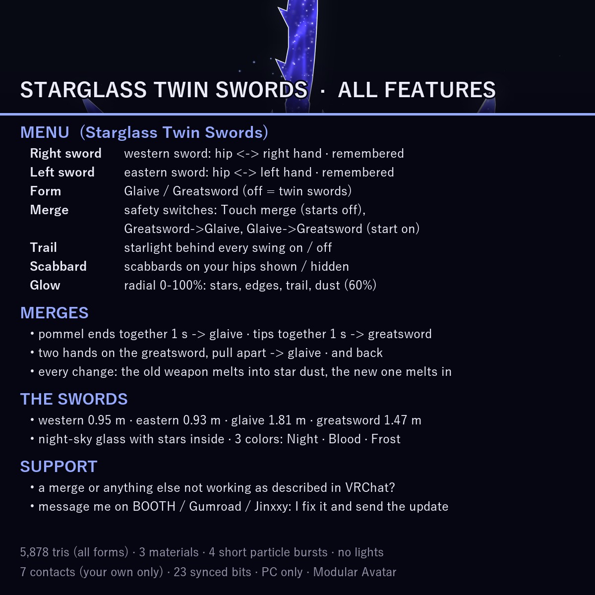 Starglass Twin Swords — Merge into a Glaive or a Greatsword | VRChat | Western + Eastern Sword · Touch & Two-Hand Merge · Star-Dust Change · Swing Trail | 3 Colors