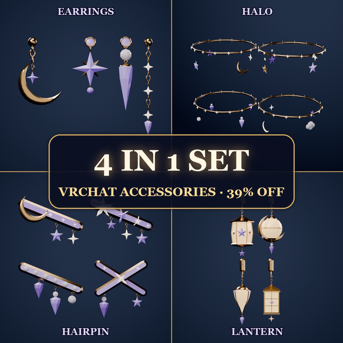 Night Sky Accessory Set for VRChat — Earrings, Halo, Hairpin, Lantern