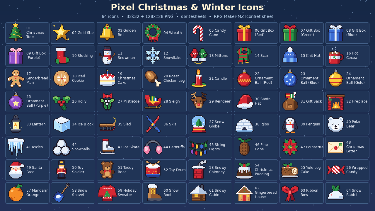 Pixel Christmas & Winter Icons - 64 Pixel Art Icons 32x32 (RPG Maker MZ Ready)
