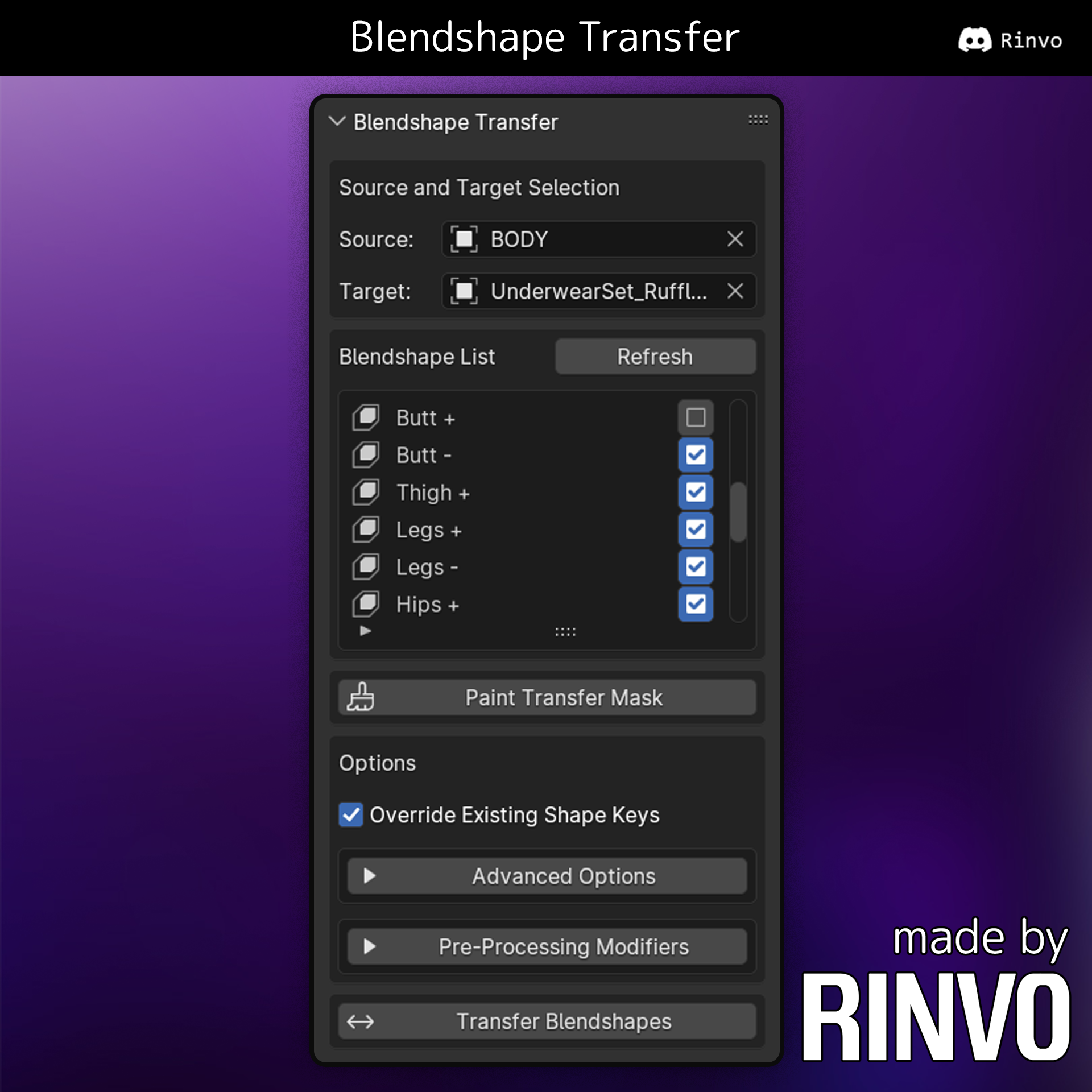 Rinvo's Blendshape Transfer (Blender Plugin)