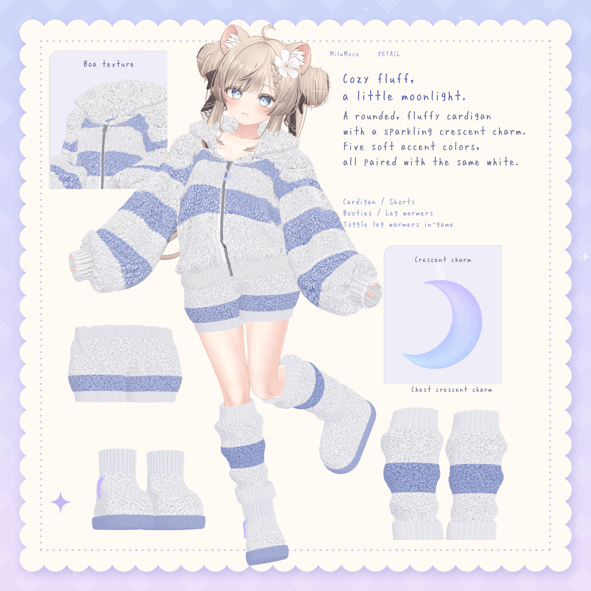 MiluMoco – Cozy Crescent Outfit for Manuka & Fyuett | VRChat PC (5 Colors Each)